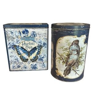 Canisters Set Of 2 Metal Vintage Reproductions Butterflies Birds NEW